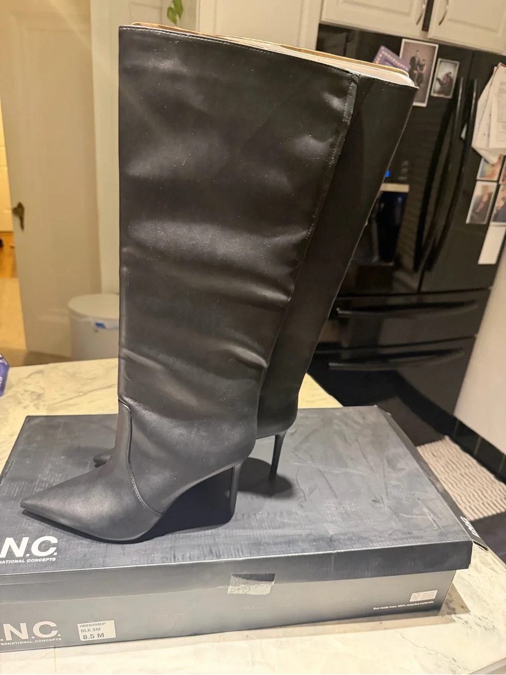 INC International Concepts Black Pointed-Toe Mid-Knee Heeled Boots
